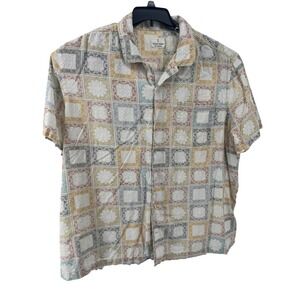 Mutual Weave Shirt Mens 3XL Multicolor Linen Blend Tile Print Boho Short Sleeve